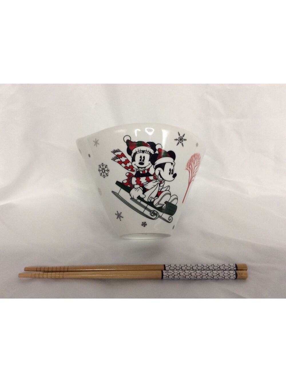 Disney Mickey & Minnie Mouse Christmas Holiday Ramen Bowl Chopsticks Sled Winter